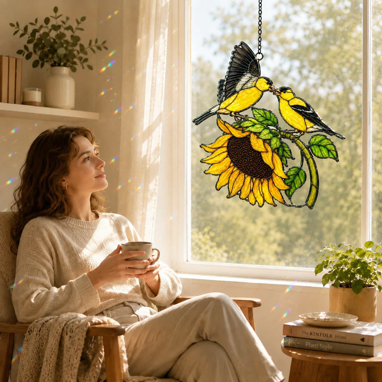 Goldfinch Pair & Sunflower Holographic Acrylic Suncatcher
