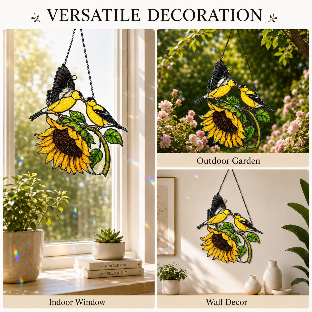 Goldfinch Pair & Sunflower Holographic Acrylic Suncatcher