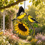 Goldfinch Pair & Sunflower Holographic Acrylic Suncatcher