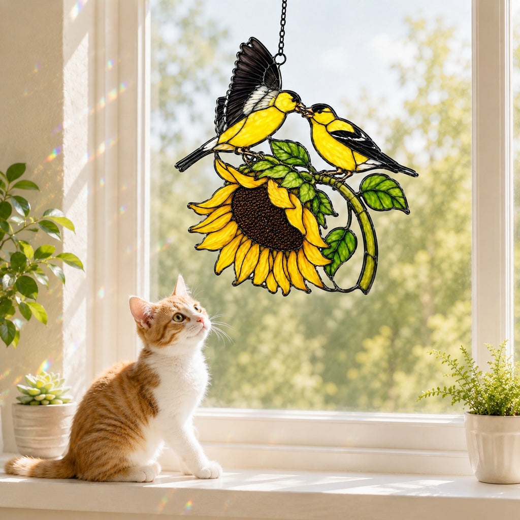Goldfinch Pair & Sunflower Holographic Acrylic Suncatcher