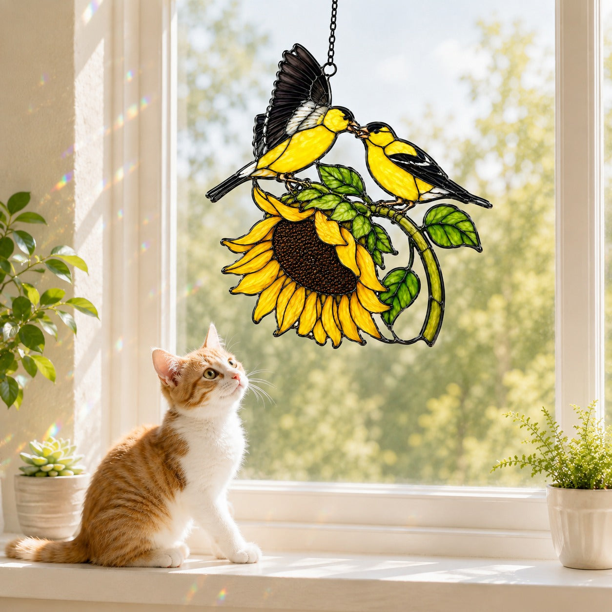 Goldfinch Pair & Sunflower Holographic Acrylic Suncatcher
