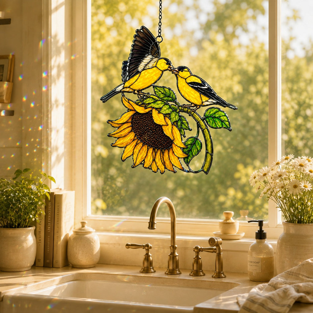 Goldfinch Pair & Sunflower Holographic Acrylic Suncatcher