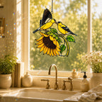 Goldfinch Pair & Sunflower Holographic Acrylic Suncatcher