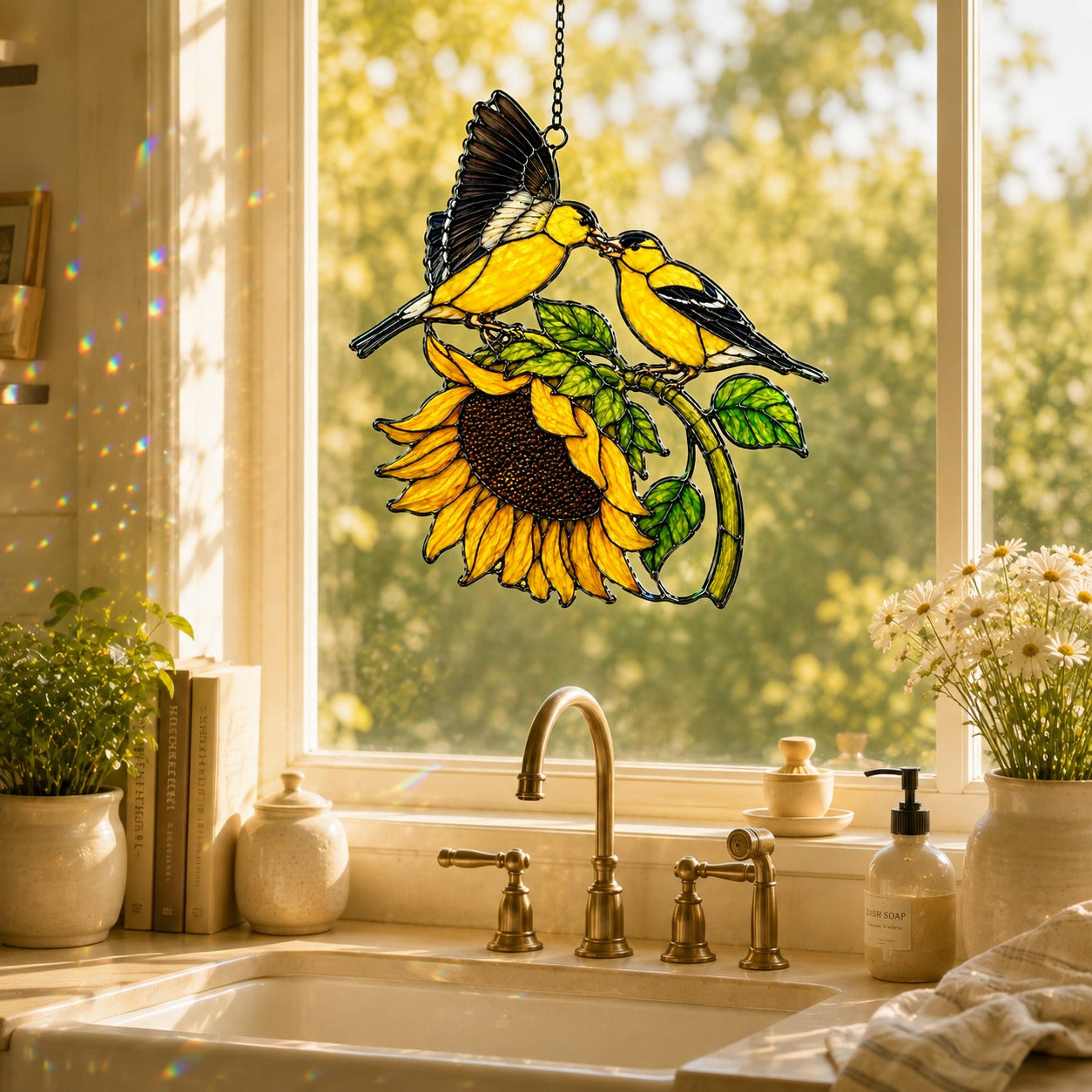 Goldfinch Pair & Sunflower Holographic Acrylic Suncatcher