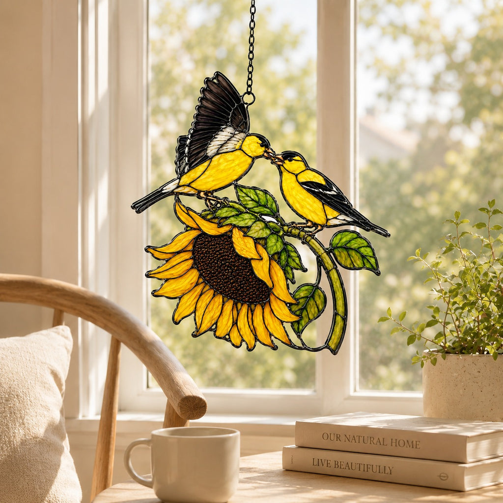 Goldfinch Pair & Sunflower Holographic Acrylic Suncatcher
