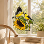 Goldfinch Pair & Sunflower Holographic Acrylic Suncatcher