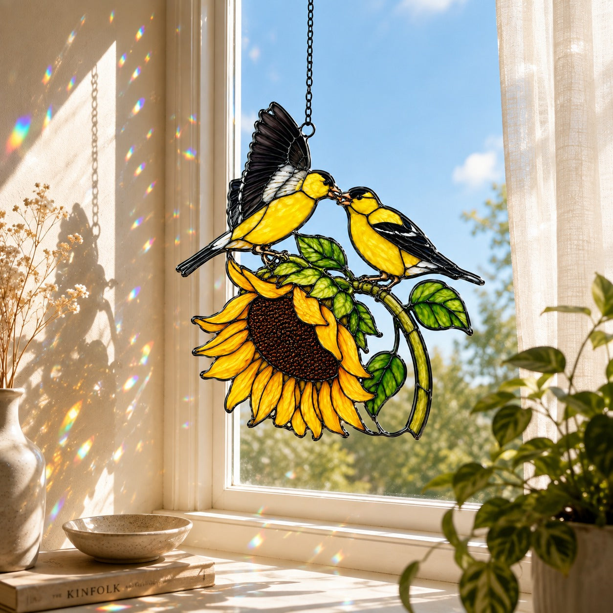 Goldfinch Pair & Sunflower Holographic Acrylic Suncatcher