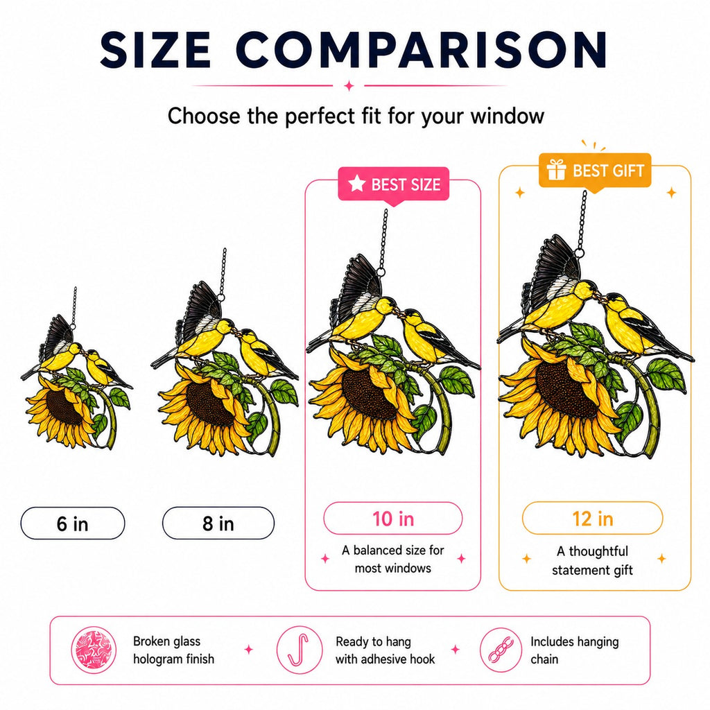 Goldfinch Pair & Sunflower Holographic Acrylic Suncatcher