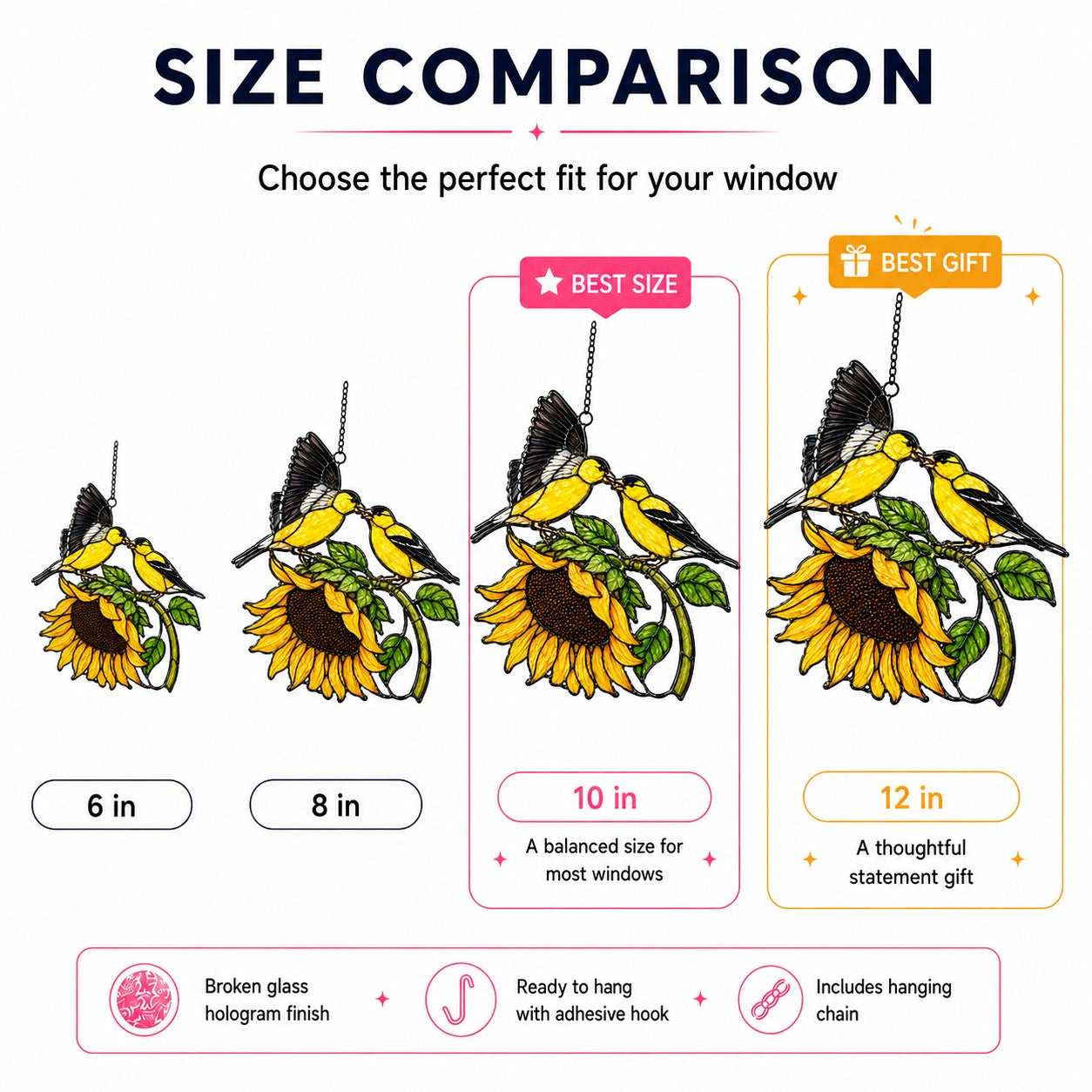 Goldfinch Pair & Sunflower Holographic Acrylic Suncatcher