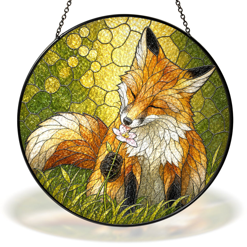 Resting fox and wildflower stained glass suncatcher