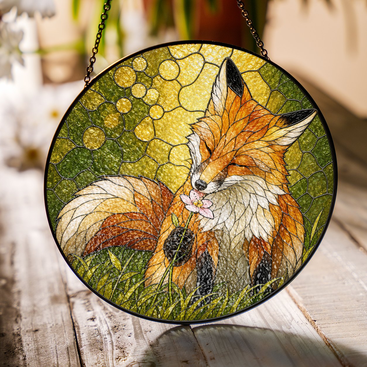 Resting Fox & Wildflower Stained Glass Suncatcher