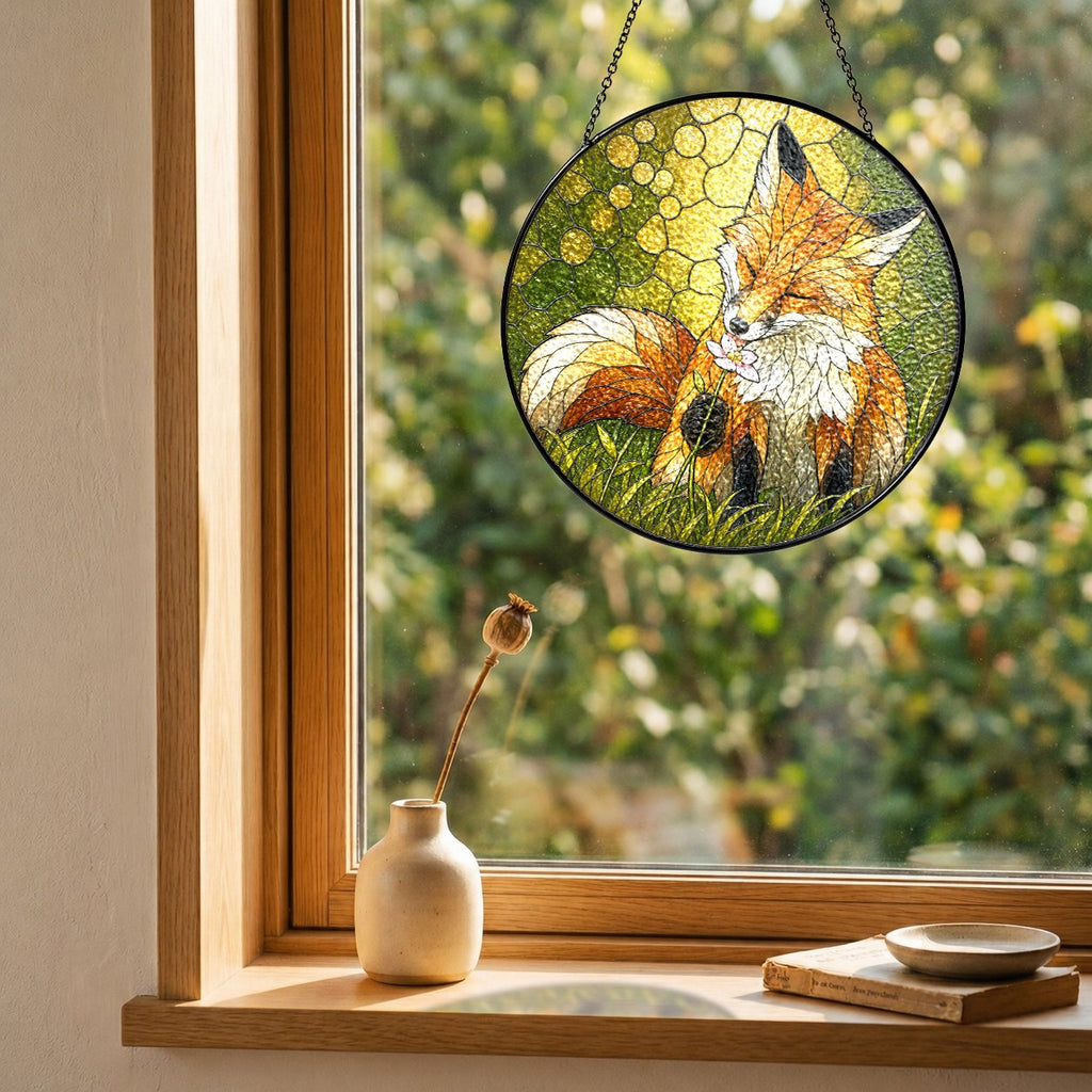 Resting Fox & Wildflower Stained Glass Suncatcher