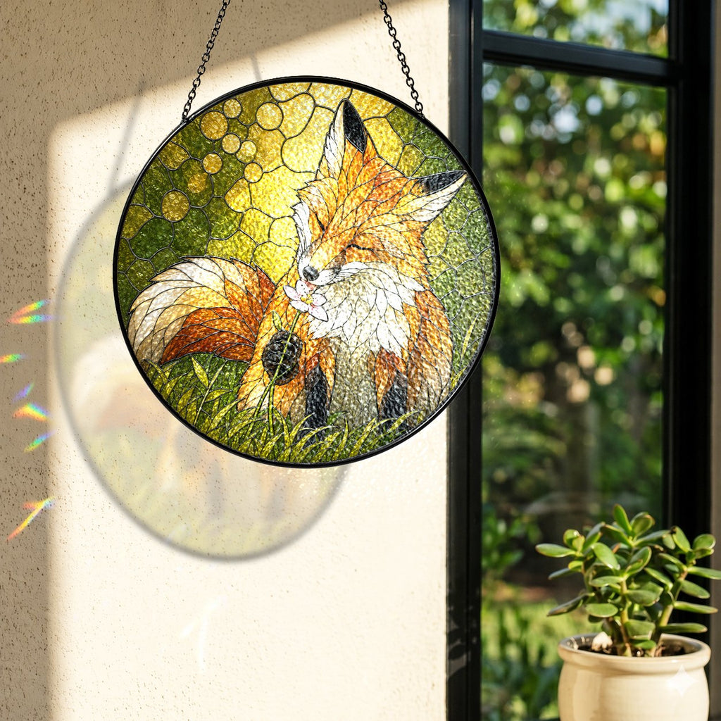Resting Fox & Wildflower Stained Glass Suncatcher