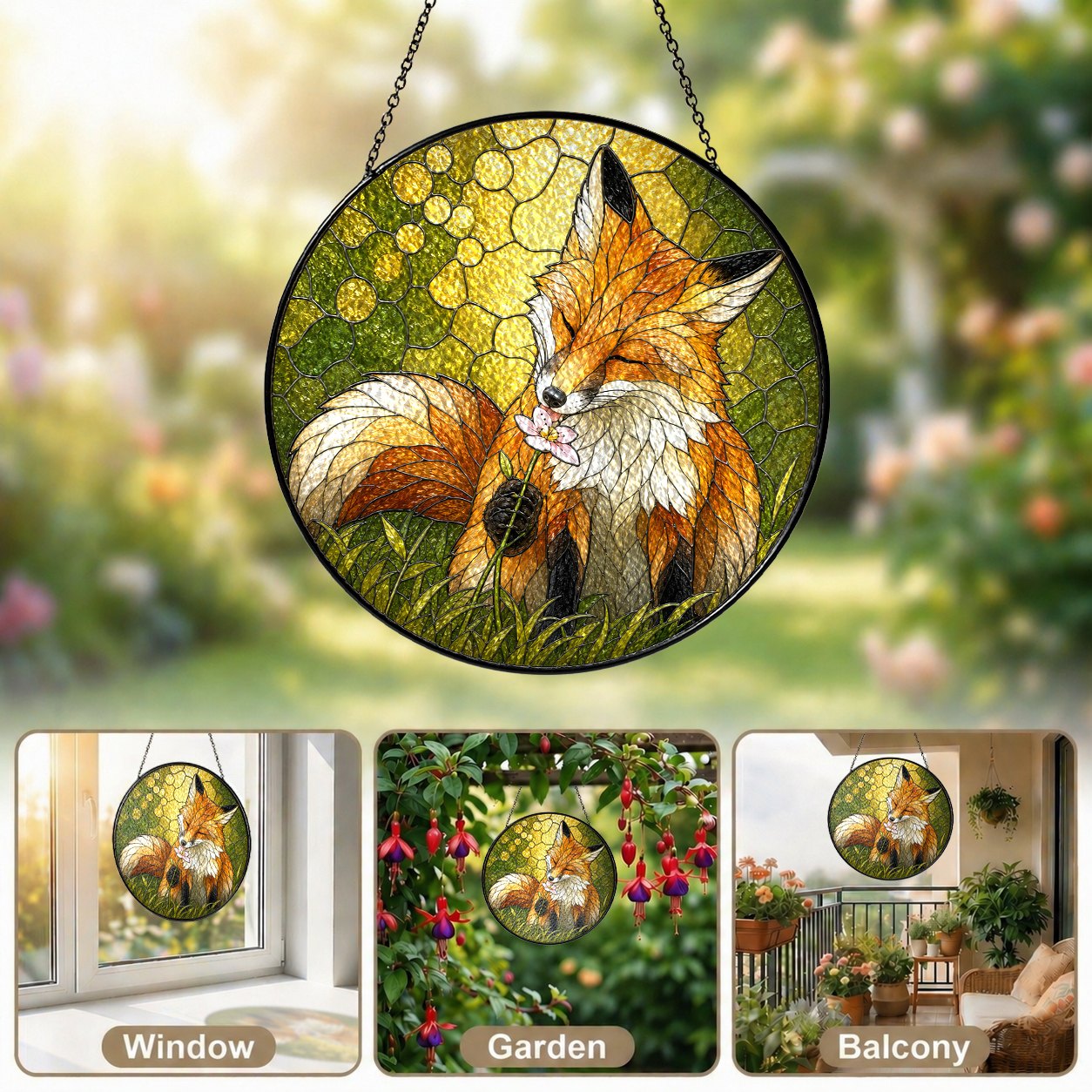 Resting Fox & Wildflower Stained Glass Suncatcher