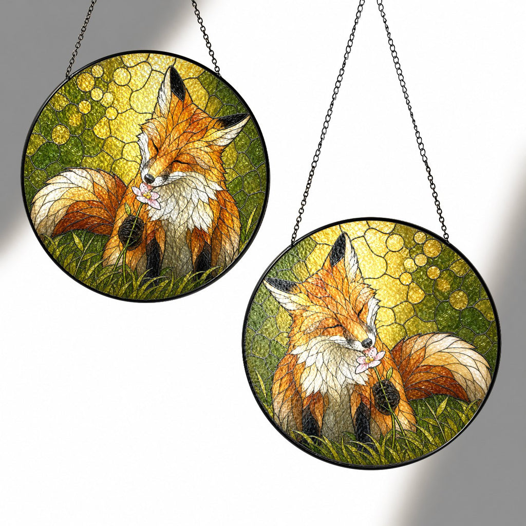 Resting Fox & Wildflower Stained Glass Suncatcher