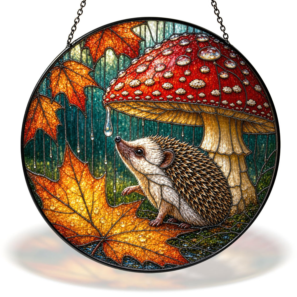 Hedgehog sheltering under a red mushroom in the rain stained glass suncatcher