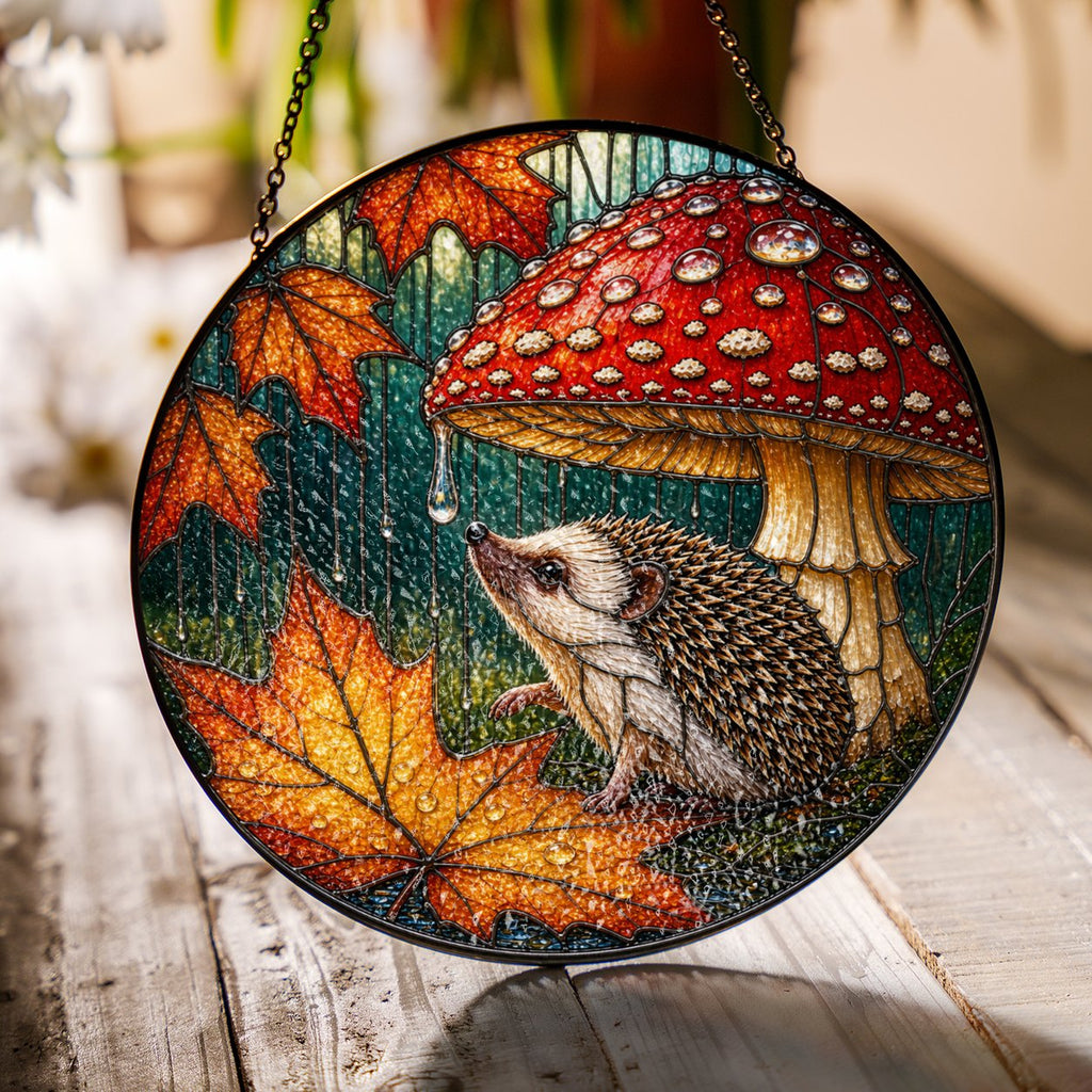 Hedgehog Under Mushroom in the Rain Stained Glass Suncatcher