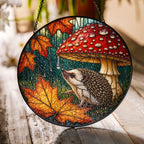 Hedgehog Under Mushroom in the Rain Stained Glass Suncatcher