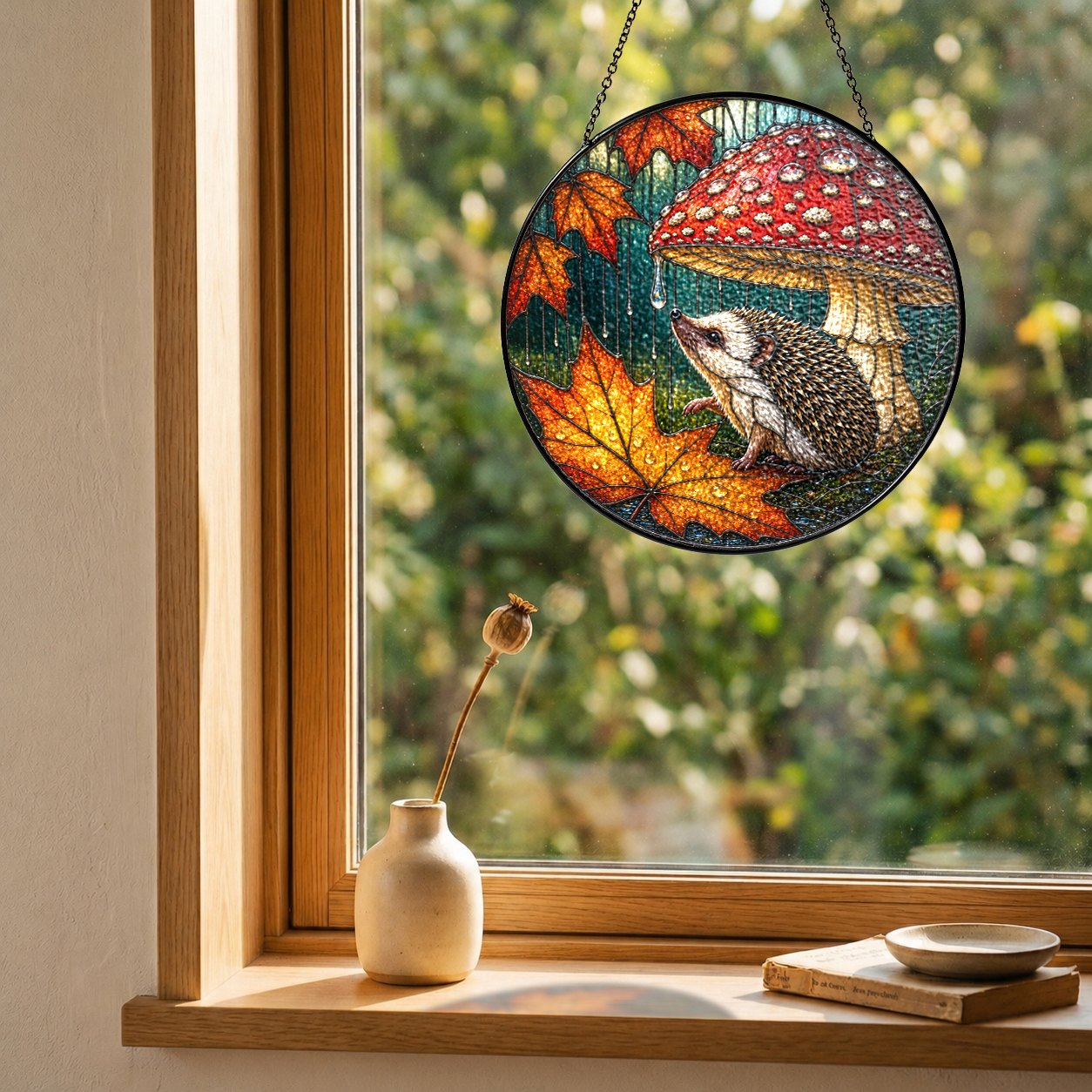 Hedgehog Under Mushroom in the Rain Stained Glass Suncatcher