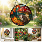 Hedgehog Under Mushroom in the Rain Stained Glass Suncatcher