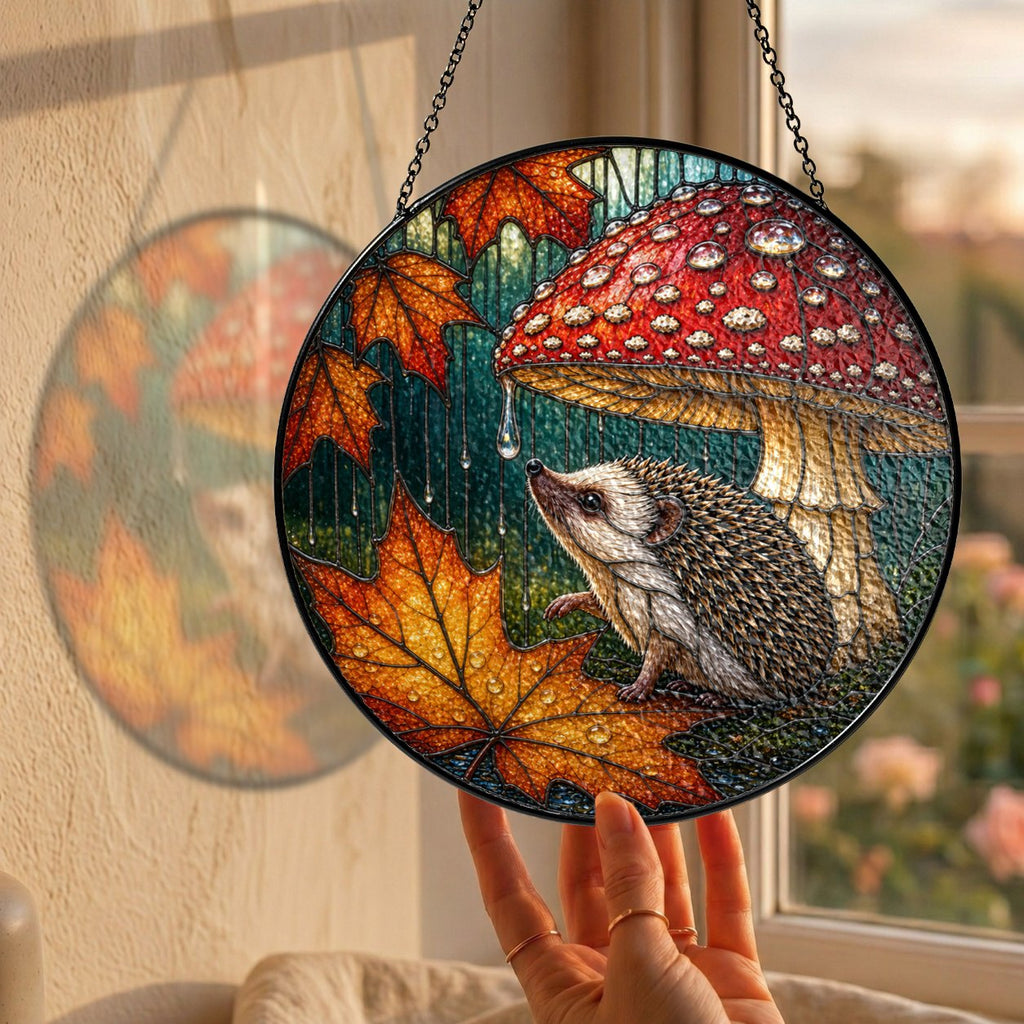 Hedgehog Under Mushroom in the Rain Stained Glass Suncatcher
