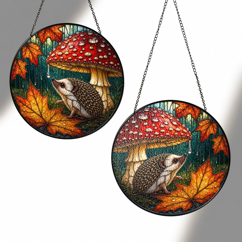 Hedgehog Under Mushroom in the Rain Stained Glass Suncatcher