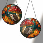 Hedgehog Under Mushroom in the Rain Stained Glass Suncatcher
