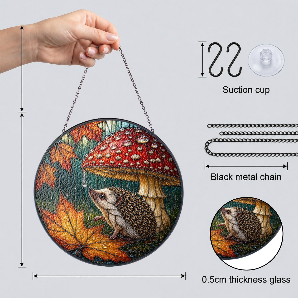Hedgehog Under Mushroom in the Rain Stained Glass Suncatcher