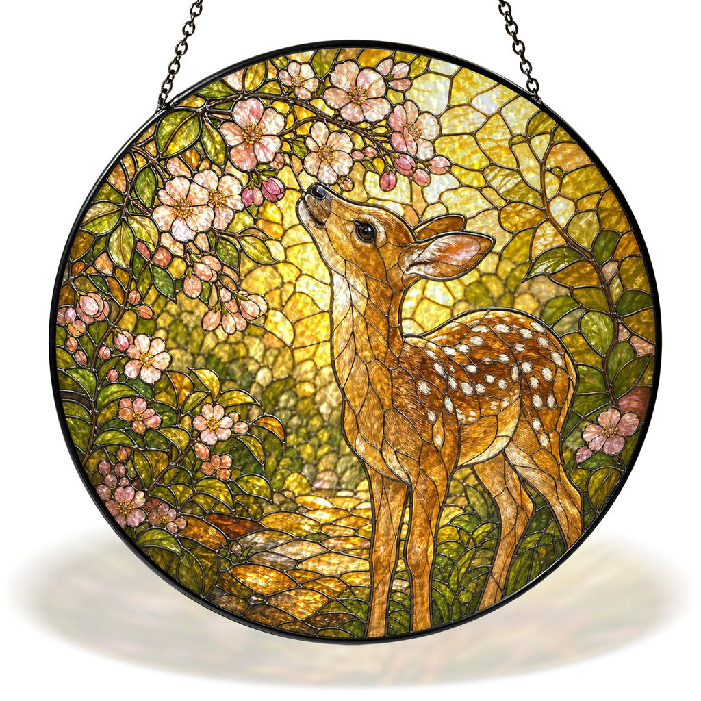 Fawn and pink blossom path stained glass suncatcher