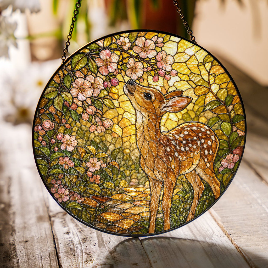 Fawn & Blossom Path Stained Glass Suncatcher