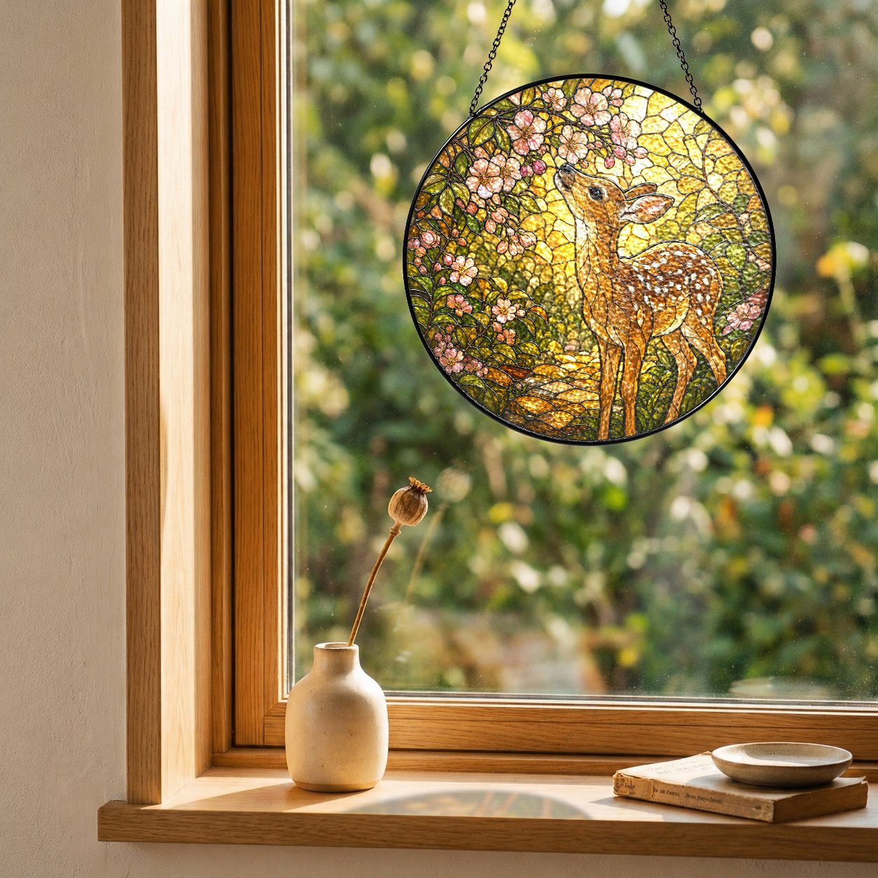Fawn & Blossom Path Stained Glass Suncatcher