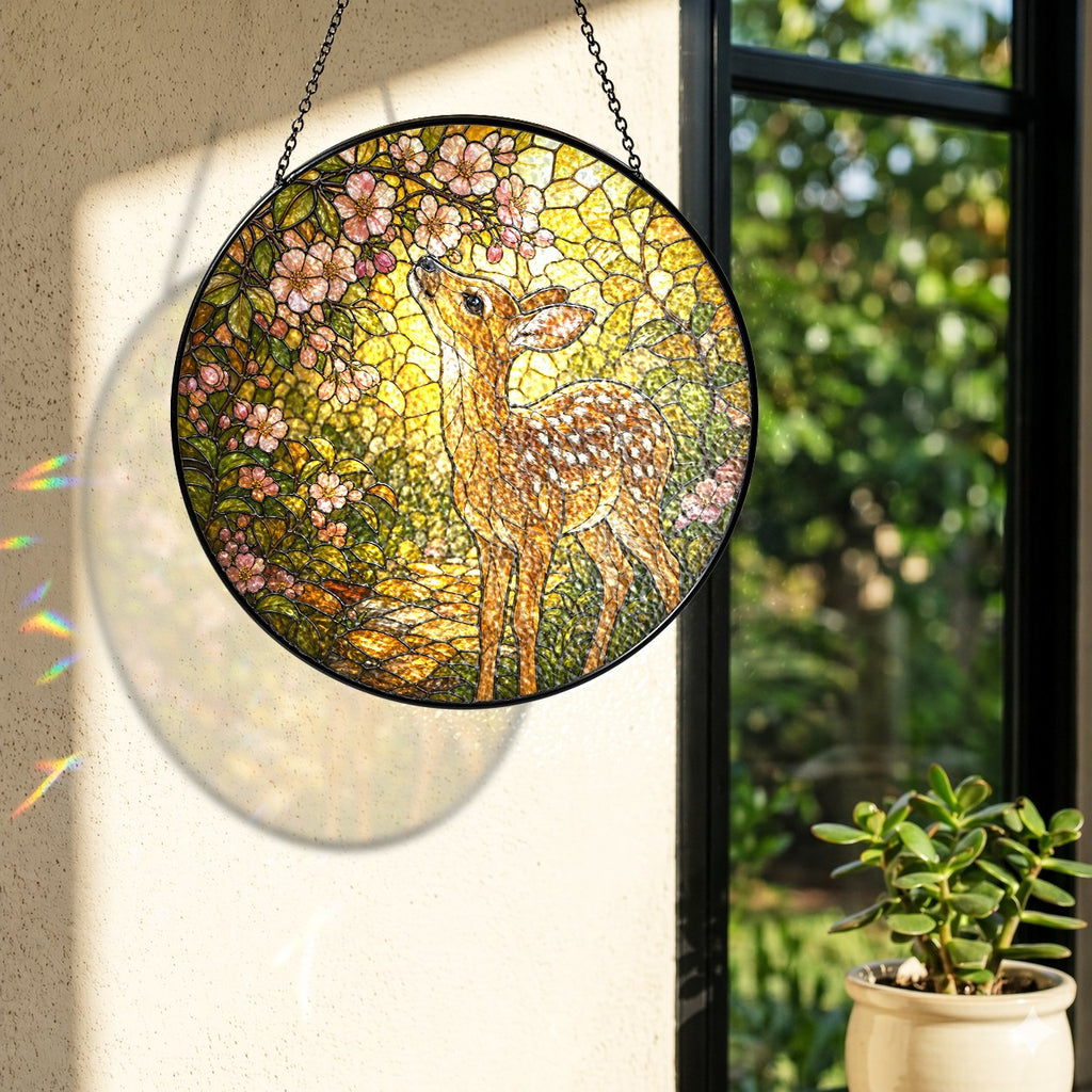 Fawn & Blossom Path Stained Glass Suncatcher