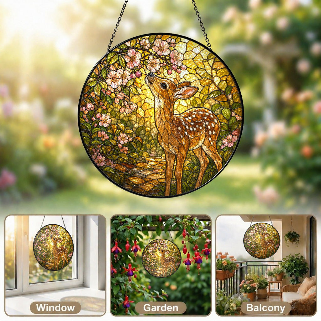 Fawn & Blossom Path Stained Glass Suncatcher