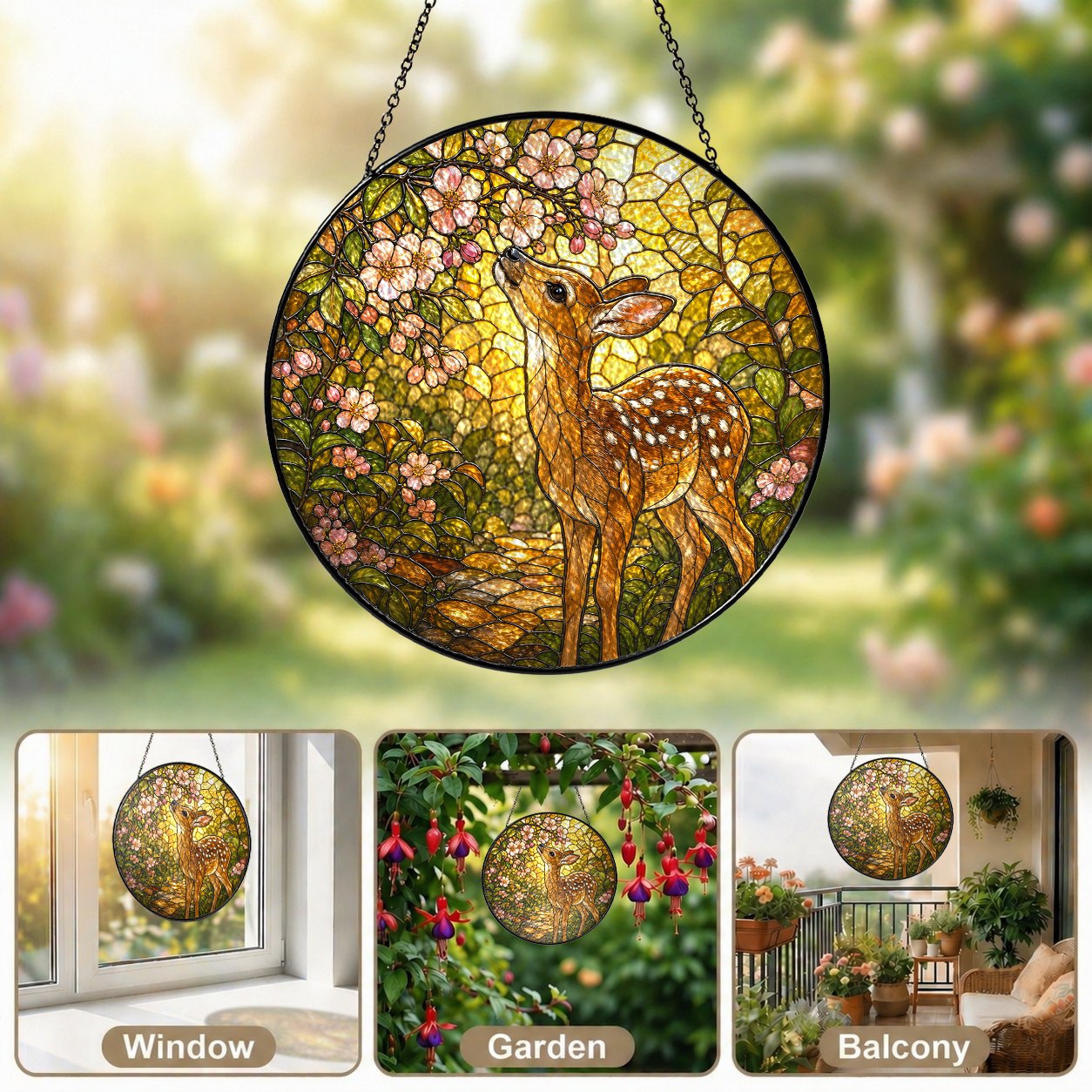 Fawn & Blossom Path Stained Glass Suncatcher
