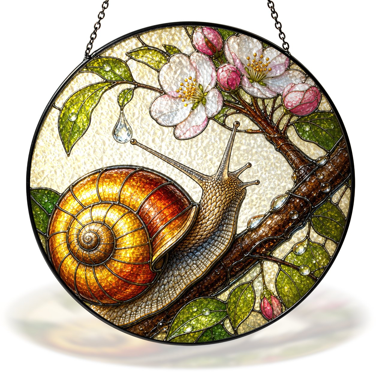 Snail on a blossom branch stained glass suncatcher