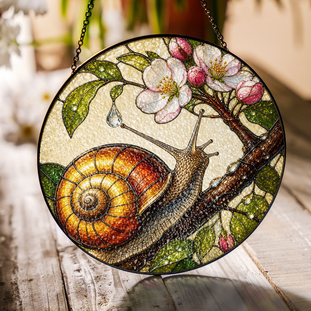 Snail on Blossom Branch Stained Glass Suncatcher