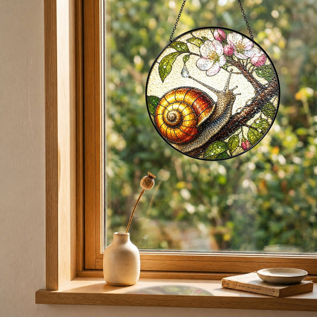 Snail on Blossom Branch Stained Glass Suncatcher