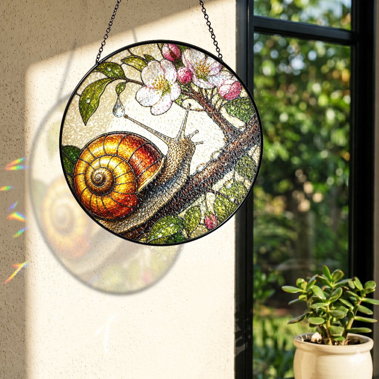Snail on Blossom Branch Stained Glass Suncatcher