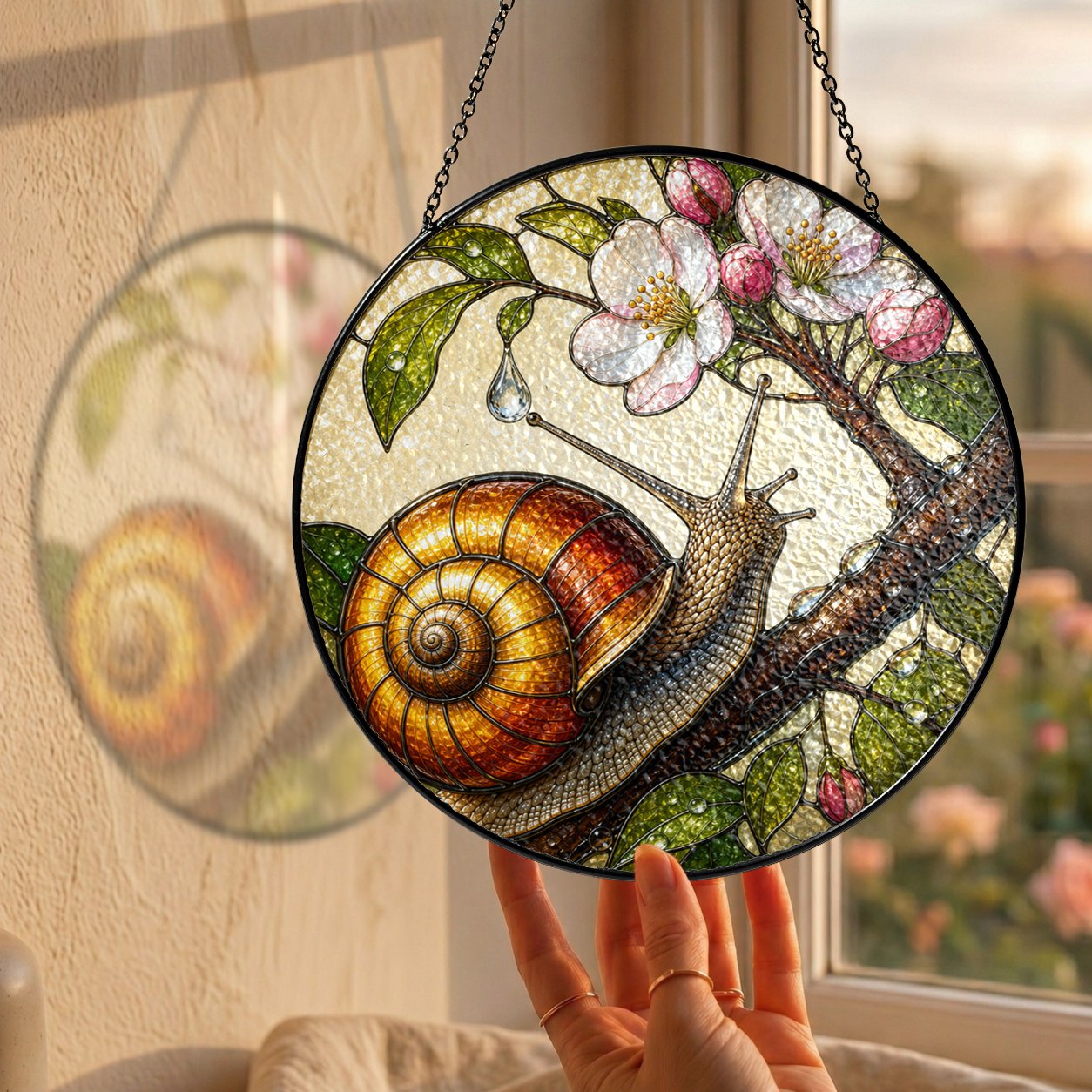 Snail on Blossom Branch Stained Glass Suncatcher