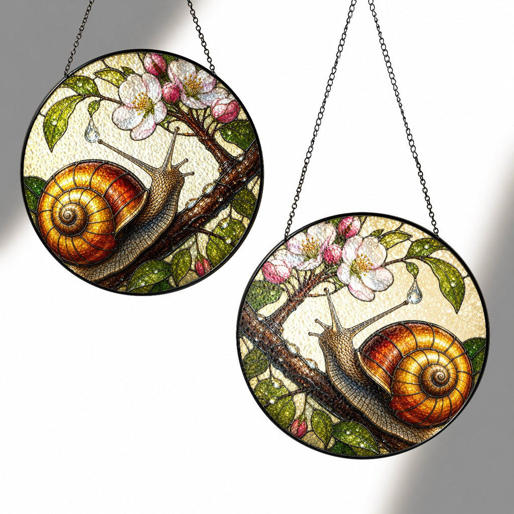 Snail on Blossom Branch Stained Glass Suncatcher