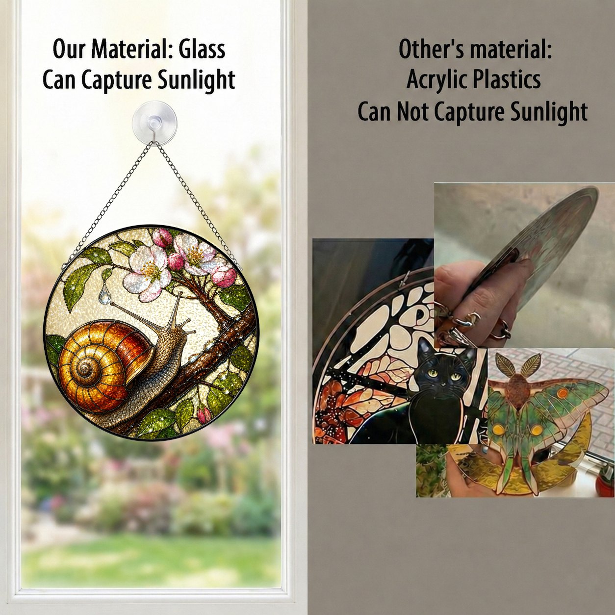 Snail on Blossom Branch Stained Glass Suncatcher