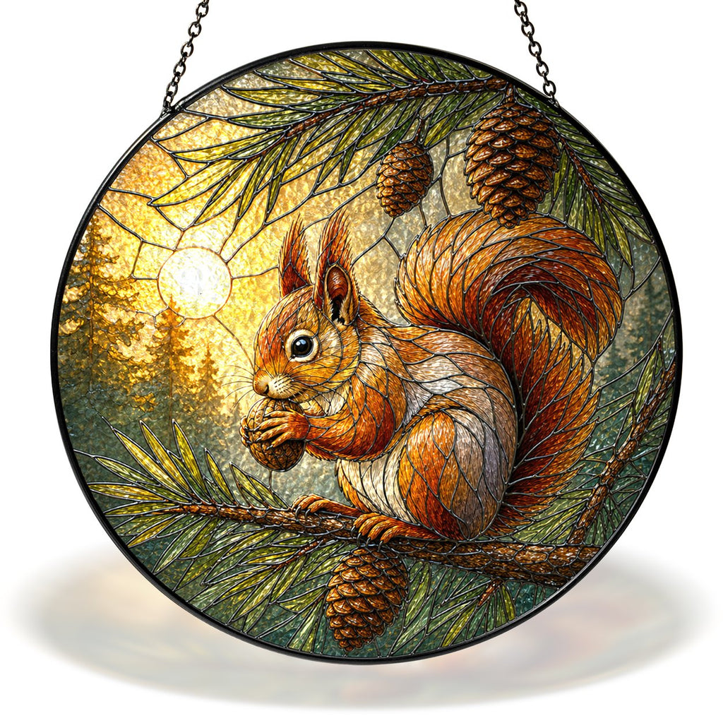 Red squirrel on a pinecone branch stained glass suncatcher
