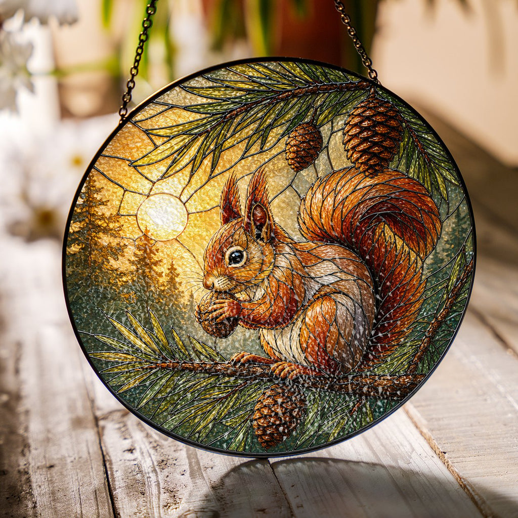 Red Squirrel & Pinecone Branch Stained Glass Suncatcher