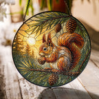 Red Squirrel & Pinecone Branch Stained Glass Suncatcher