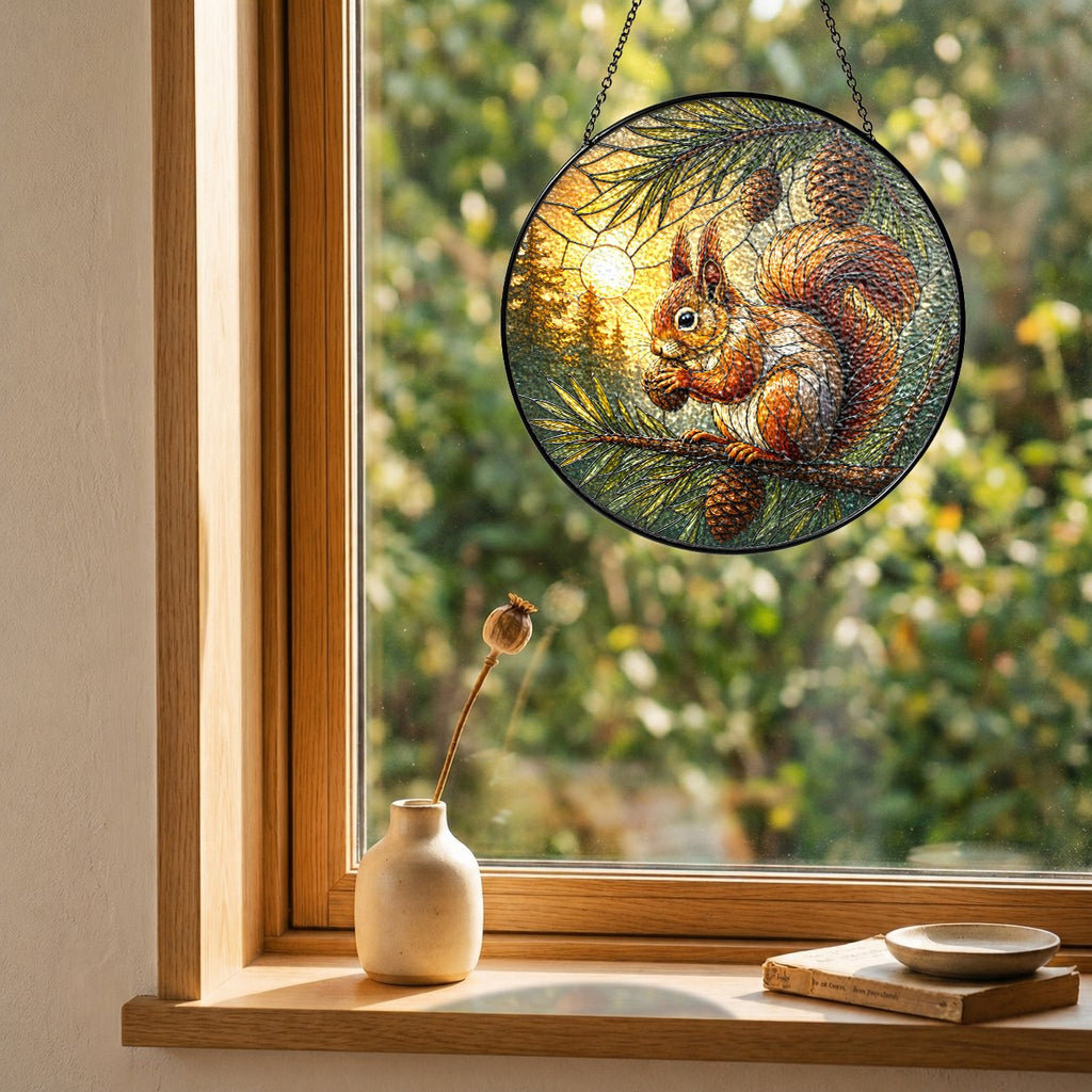 Red Squirrel & Pinecone Branch Stained Glass Suncatcher