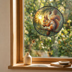 Red Squirrel & Pinecone Branch Stained Glass Suncatcher