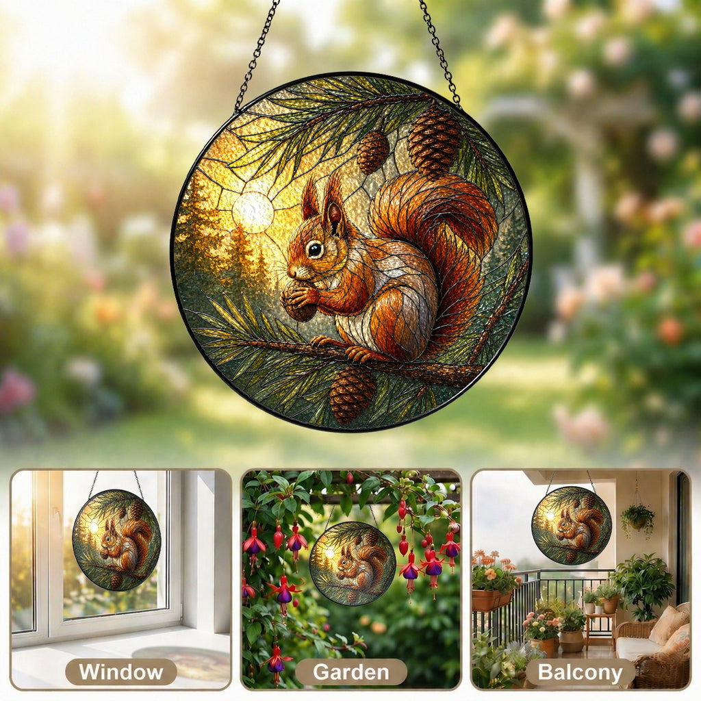 Red Squirrel & Pinecone Branch Stained Glass Suncatcher