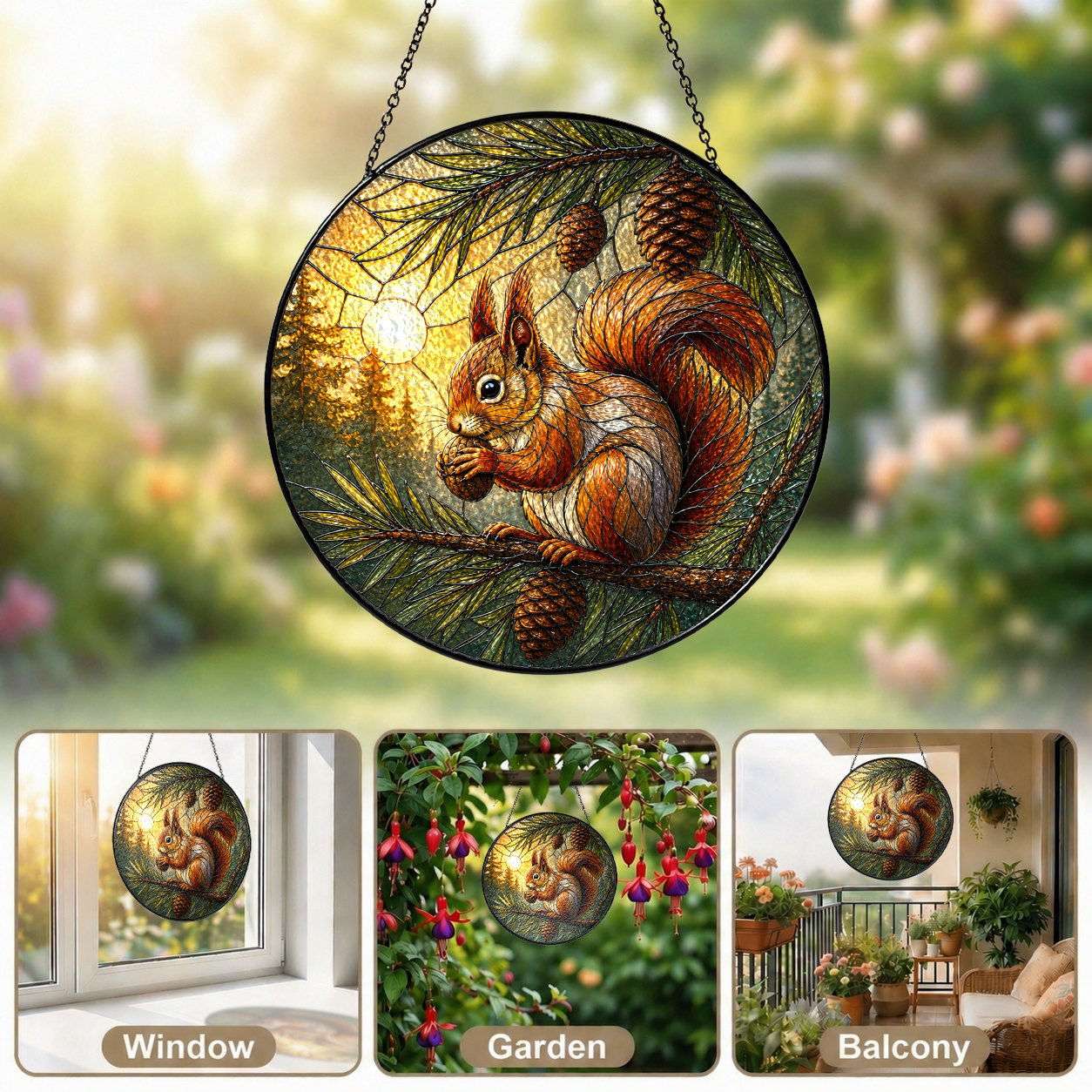 Red Squirrel & Pinecone Branch Stained Glass Suncatcher
