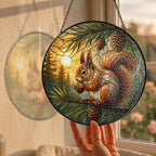 Red Squirrel & Pinecone Branch Stained Glass Suncatcher