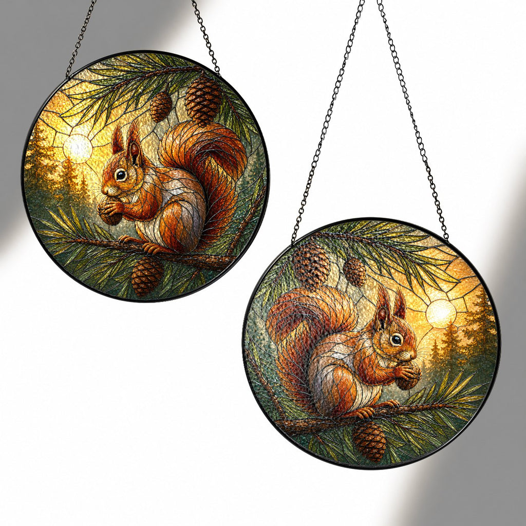 Red Squirrel & Pinecone Branch Stained Glass Suncatcher